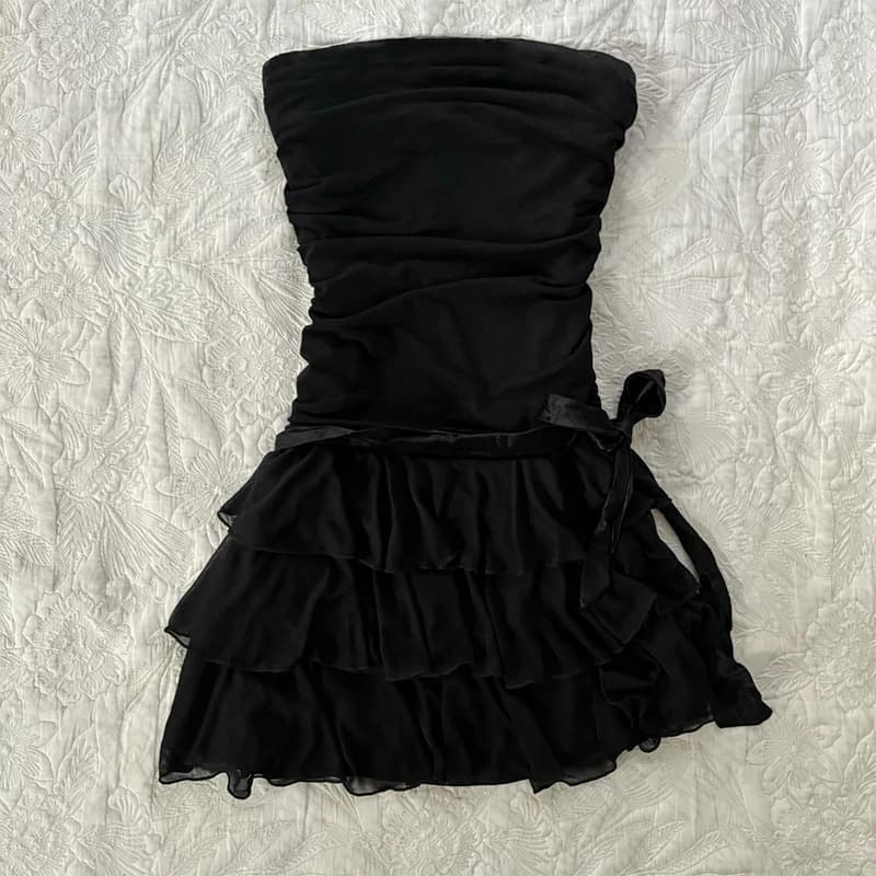 Y2K Women's dress cute solid color retro lace streetwear Harajuku aesthetic sweet bow summer new fashion casual Strapless dressr