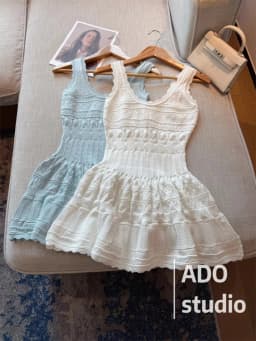 Korobov Solid Color Sweet A-line Dresses Ruffled Knitted Vest Dress for Women Summer French Style Hollow Short Skirt
