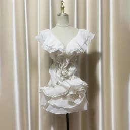 DEAT Fashion Petal Ruffles Edge Off Shoulder Dress Women's V-neck Sleeveless High Waist Irregular Mini Dresses Summer 7AB9438