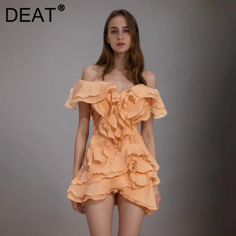 DEAT Fashion Petal Ruffles Edge Off Shoulder Dress Women's V-neck Sleeveless High Waist Irregular Mini Dresses Summer 7AB9438
