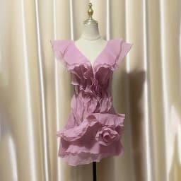DEAT Fashion Petal Ruffles Edge Off Shoulder Dress Women's V-neck Sleeveless High Waist Irregular Mini Dresses Summer 7AB9438
