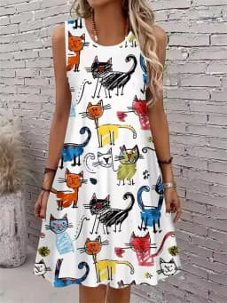 Women's Sleeveless A-Line Dress Fashion Sweet Graffiti Lions Zebras Elephants Vibrant Animal Print Dresses Y2k Woman Clothing