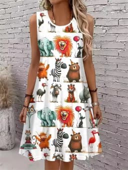 Women's Sleeveless A-Line Dress Fashion Sweet Graffiti Lions Zebras Elephants Vibrant Animal Print Dresses Y2k Woman Clothing