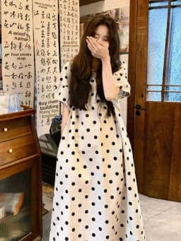 Summer Polka Dot Cotton Lin Dress Casual Waist Cinched Slimming A-Line Skirt Commute Style Short Sleeve round Neck Midi Dress