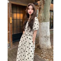 Summer Polka Dot Cotton Lin Dress Casual Waist Cinched Slimming A-Line Skirt Commute Style Short Sleeve round Neck Midi Dress