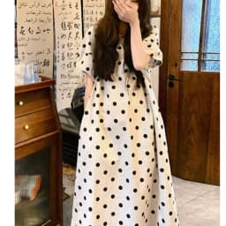Summer Polka Dot Cotton Lin Dress Casual Waist Cinched Slimming A-Line Skirt Commute Style Short Sleeve round Neck Midi Dress