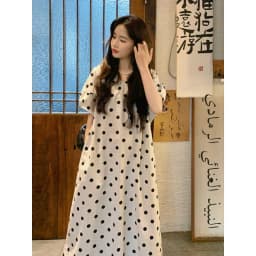 Summer Polka Dot Cotton Lin Dress Casual Waist Cinched Slimming A-Line Skirt Commute Style Short Sleeve round Neck Midi Dress