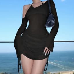 2025 Summer Women Solid Skew Collar Ruched Straps Lace-Up See Through Draw String Mini Dress Party Clubwear Wholesale