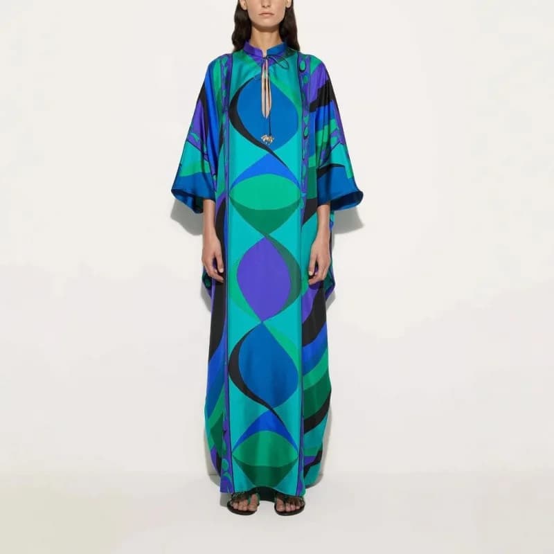 2026 Spring Summer Women's Printed Belted Maxi Dress Gown Round Neck Elegant Evening Dress Outfit Clothing