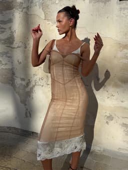 2026 Summer Sheer Mesh Overlay Spaghetti Strap Midi Dress Waist Cinched Sleeveless Women Accessories Versatile Chic Lady Outfit