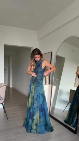 Women's Elegant Blue Watercolor Print Maxi Dress Sleeveless Cowl Neck Satin Formal Evening Gown A-line Floor Length Party Dress