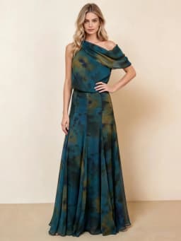Women's Elegant Blue Watercolor Print Maxi Dress Sleeveless Cowl Neck Satin Formal Evening Gown A-line Floor Length Party Dress