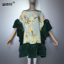 WINYI Women's Pleated Elastic Casual Short Dress Beach Cover up Kaftan Abaya Dubai Luxury Evening Wear Muslim Fashion