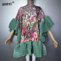 WINYI Women's Pleated Elastic Casual Short Dress Beach Cover up Kaftan Abaya Dubai Luxury Evening Wear Muslim Fashion