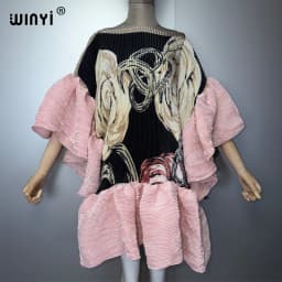 WINYI Women's Pleated Elastic Casual Short Dress Beach Cover up Kaftan Abaya Dubai Luxury Evening Wear Muslim Fashion