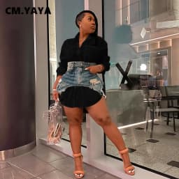 CM.YAYA Vintage Women Long Sleeve Turn-down Collar Shirt Blouse Style Dress with Denim Jean Irregular Mini Skirt Two 2 Piece Set