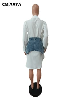 CM.YAYA Vintage Women Long Sleeve Turn-down Collar Shirt Blouse Style Dress with Denim Jean Irregular Mini Skirt Two 2 Piece Set