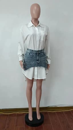 CM.YAYA Vintage Women Long Sleeve Turn-down Collar Shirt Blouse Style Dress with Denim Jean Irregular Mini Skirt Two 2 Piece Set