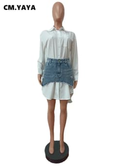 CM.YAYA Vintage Women Long Sleeve Turn-down Collar Shirt Blouse Style Dress with Denim Jean Irregular Mini Skirt Two 2 Piece Set