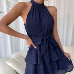 Women's Red Mini Dress Vestidos 2025 Summer Fashion Sexy Style Halter Sleeveless Ruffle Edge Tied Woman Dresses Women Sundress
