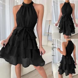 Women's Red Mini Dress Vestidos 2025 Summer Fashion Sexy Style Halter Sleeveless Ruffle Edge Tied Woman Dresses Women Sundress