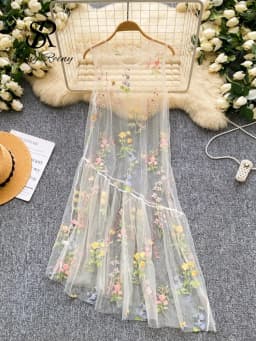 SINGREINY Holiday Floral Embroidery Long Dress 2026 Women O Neck Sleeveless Loose Irregular Summer French Mesh Bohemian Sundress