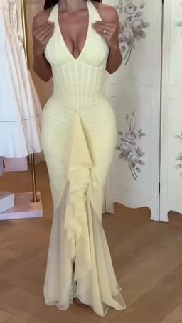 Yellow V Neck Halter Mermaid Maxi Dress Women's Sleeveless Ruffle Slit Long Dress 2026 Elegant Wedding Guest Evening Party Robes