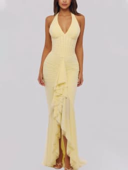 Yellow V Neck Halter Mermaid Maxi Dress Women's Sleeveless Ruffle Slit Long Dress 2026 Elegant Wedding Guest Evening Party Robes