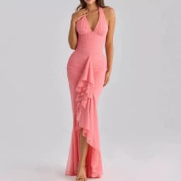 Yellow V Neck Halter Mermaid Maxi Dress Women's Sleeveless Ruffle Slit Long Dress 2026 Elegant Wedding Guest Evening Party Robes
