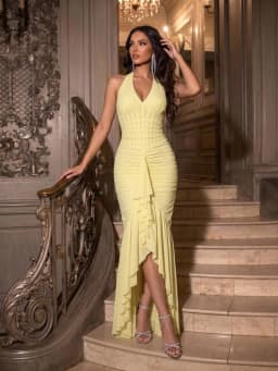 Yellow V Neck Halter Mermaid Maxi Dress Women's Sleeveless Ruffle Slit Long Dress 2026 Elegant Wedding Guest Evening Party Robes