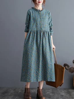 long sleeve cotton linen ruffle vintage floral new in dresses for women casual loose spring autumn dress elegant clothing 2026