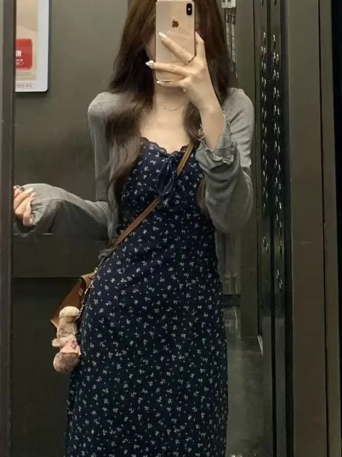 Floral Print Halter Dress Women's mid High Waist A-Line Skirt Korean Style Autumn New Arrival Short plus Size Beautiful Korea...