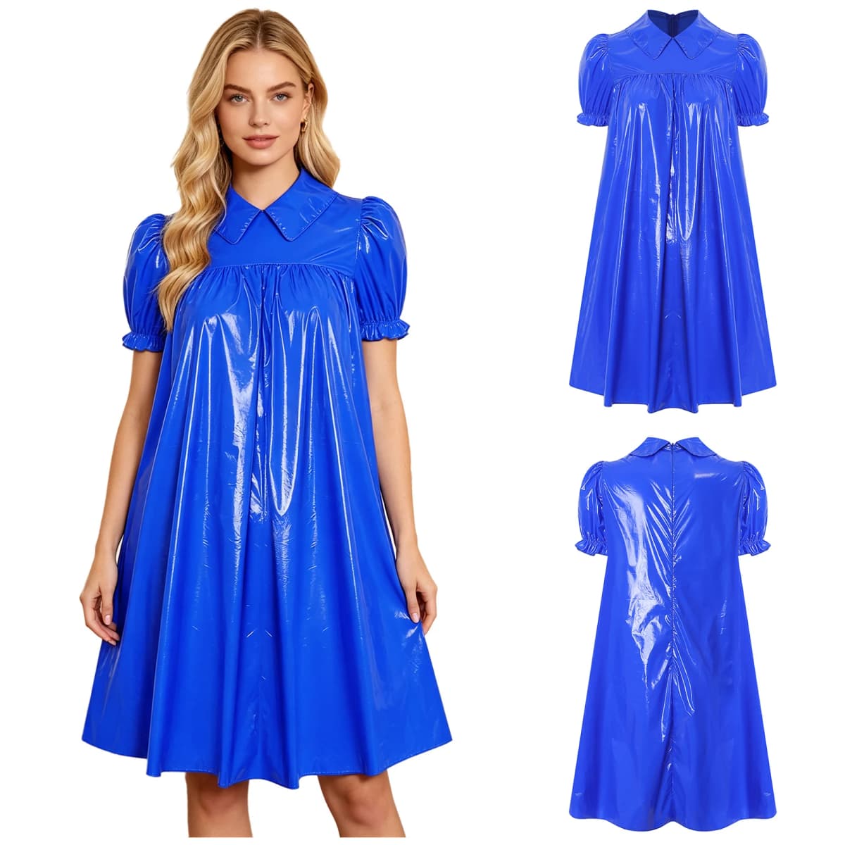Womens Waterproof Vinyl Sleep Dress Puff Short Sleeve Empire Waist Lapel Dress Nightgown for Regency Victorian Cosplay Party