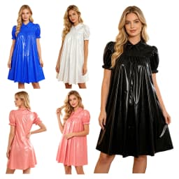 Womens Waterproof Vinyl Sleep Dress Puff Short Sleeve Empire Waist Lapel Dress Nightgown for Regency Victorian Cosplay Party