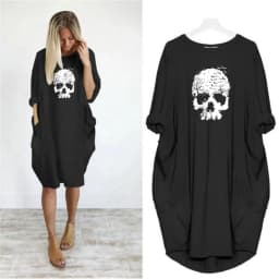 Women's Summer Loose Skull Print Round Neck Long Sleeve Pocket Comfortable Casual P lus Size Dress ashion Streetwear Oversized