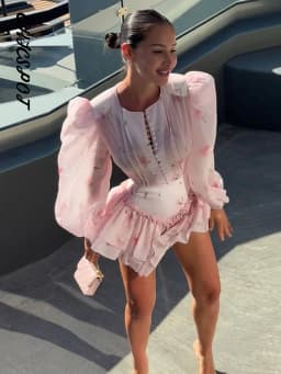 Print Shoulder Pad Waist Cinching Short Dress Women Sexy O-neck Lantern Long Sleeve Cascading Ruffle Slim Dresses Chic Partywear