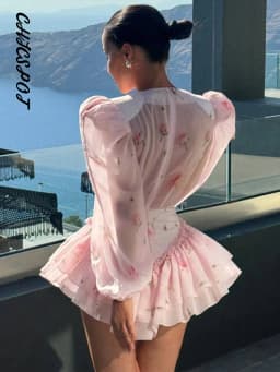 Print Shoulder Pad Waist Cinching Short Dress Women Sexy O-neck Lantern Long Sleeve Cascading Ruffle Slim Dresses Chic Partywear