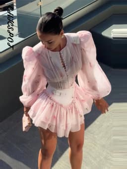Print Shoulder Pad Waist Cinching Short Dress Women Sexy O-neck Lantern Long Sleeve Cascading Ruffle Slim Dresses Chic Partywear
