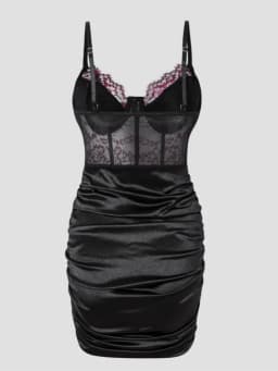 Hot Girls Slim Spaghetti Strap Mini Dresses Women Sexy See Through Flower Lace Fold Package Hip Bodycon Short Dress Club Vestido