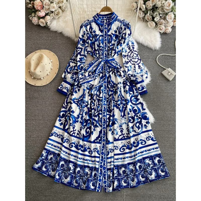 Spring Autumn Retro Palace Long Sleeved Standing Neck Waist Slim Appearance Single woman Breasted A-line Celadon Print Dress