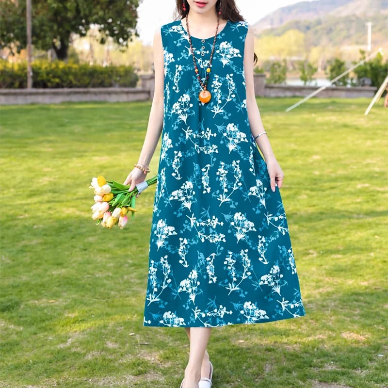 New Fashion Casual Style 2026 Summer Dresses For Women V-neck Cotton Robe Femme Vintage A-line Solid Dress Women Clothing