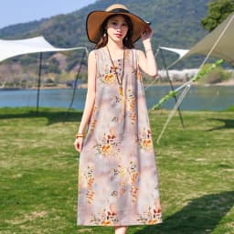 New Fashion Casual Style 2026 Summer Dresses For Women V-neck Cotton Robe Femme Vintage A-line Solid Dress Women Clothing
