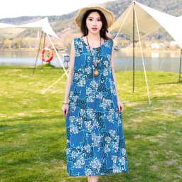 New Fashion Casual Style 2026 Summer Dresses For Women V-neck Cotton Robe Femme Vintage A-line Solid Dress Women Clothing