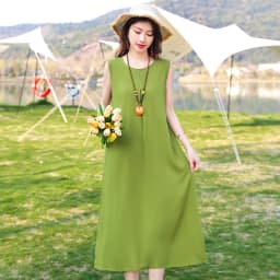 New Fashion Casual Style 2026 Summer Dresses For Women V-neck Cotton Robe Femme Vintage A-line Solid Dress Women Clothing
