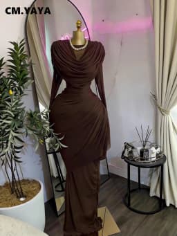CM.YAYA Women O-neck Pile Collar Long Sleeve Ruched Maxi Long Dress 2026 Spring Sexy Cocktail Birthday Holiday Party Dresses