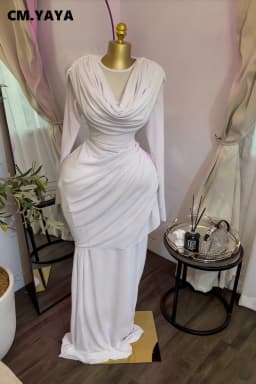 CM.YAYA Women O-neck Pile Collar Long Sleeve Ruched Maxi Long Dress 2026 Spring Sexy Cocktail Birthday Holiday Party Dresses
