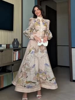 Elegant Floral Printed Women's Dress Stand Collar Full Puff Sleeve A-line Long Dresses 2026 Summer Vacation Party Lady Robes