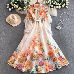 Elegant Print Flower Bandage Dress Women's Notched V-Neck Long Lantern Sleeve Waist-cinching Belt Maxi Vestidos Holiday