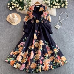 Elegant Print Flower Bandage Dress Women's Notched V-Neck Long Lantern Sleeve Waist-cinching Belt Maxi Vestidos Holiday