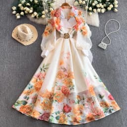 Elegant Print Flower Bandage Dress Women's Notched V-Neck Long Lantern Sleeve Waist-cinching Belt Maxi Vestidos Holiday